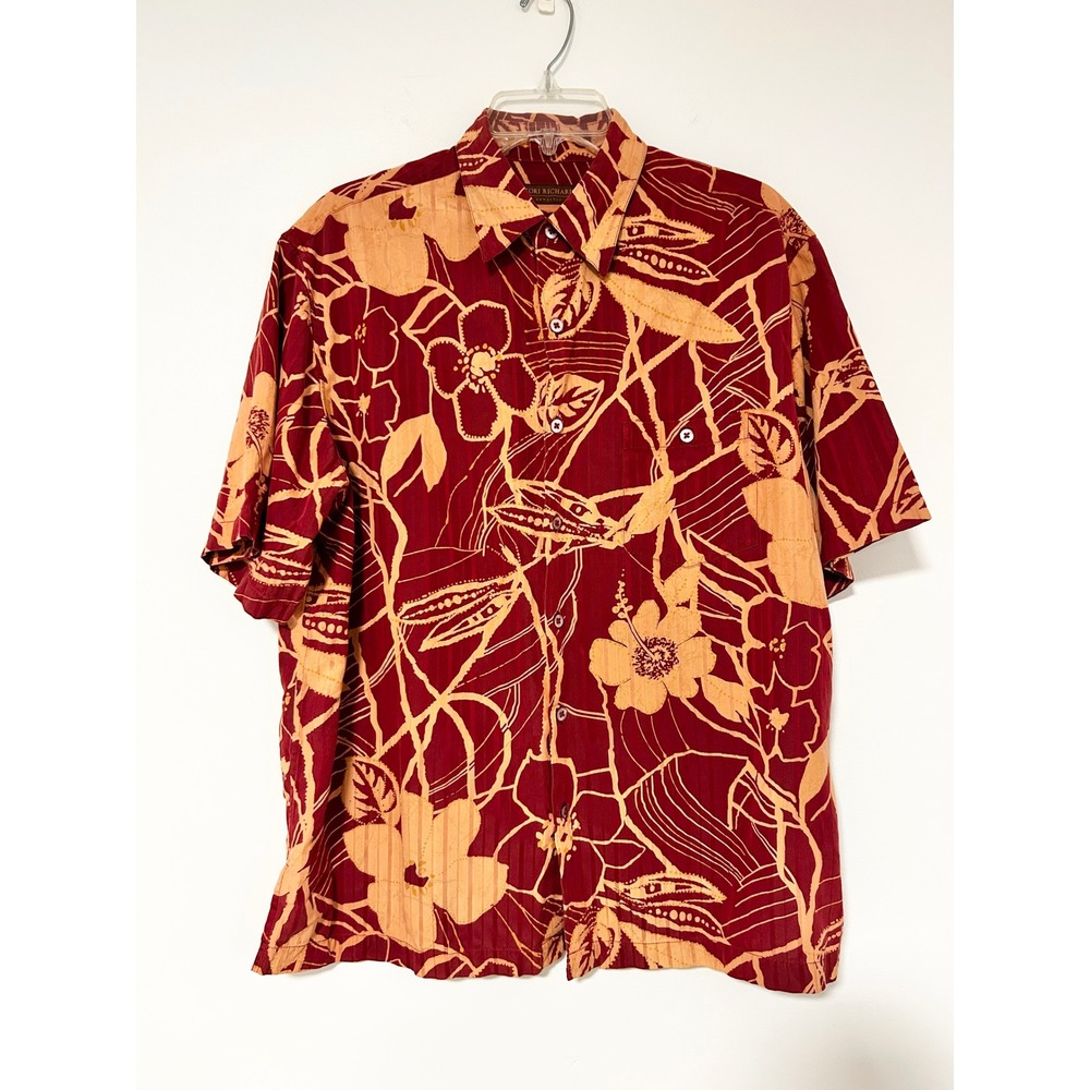 Tori Richard Honolulu Mens Large Silk Cotton Red Orange Tropical Floral Shirt